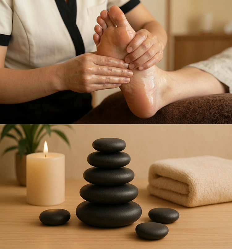 Table-style foot and body massage at Keblish Spa with warm stones for deep relaxation and tension relief