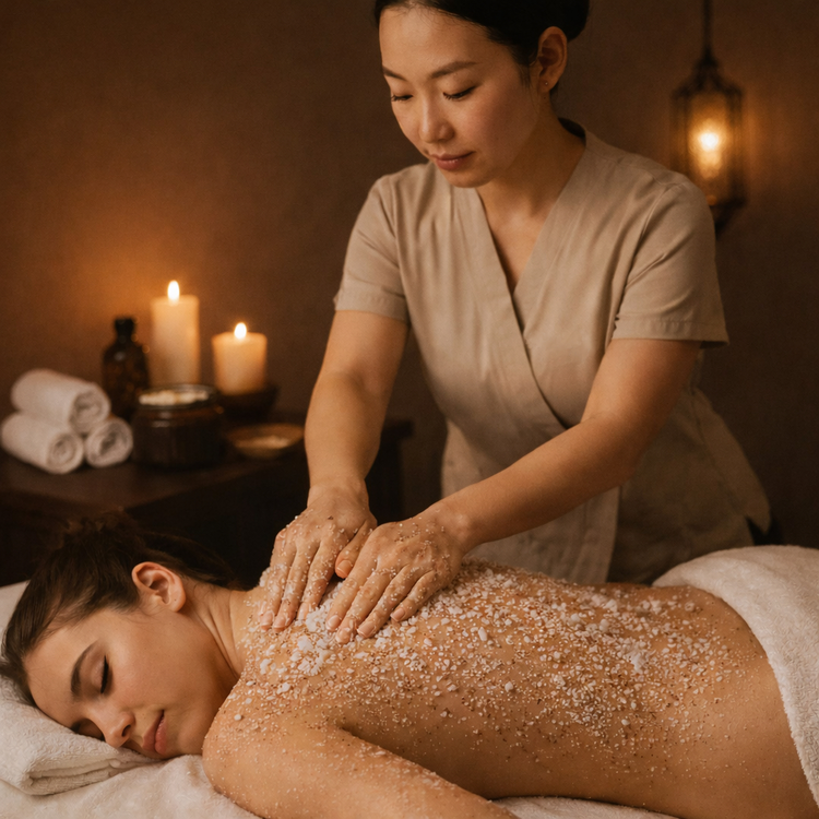 Body scrub therapy exfoliating treatment at spa for smooth glowing skin relaxation