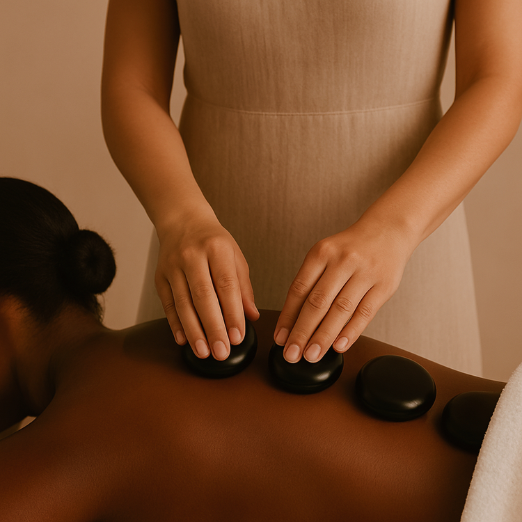 Heated stone massage easing deep muscle tension at Thanks Spa