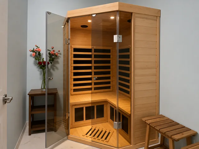 Private wood sauna room available as a 15-minute treatment add-on at Keblish Spa