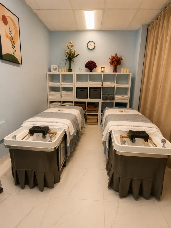 Scalp treatment area with two shampoo basins