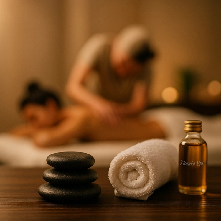 Massage care prepared with warm towels, stones and treatment oil at Thanks Spa